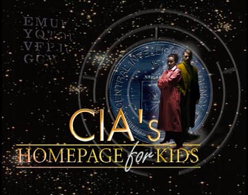 CIA Homepage for Kid's--image of a man and a woman in trenchcoats superimposed over a the CIA seal on a field of stars.